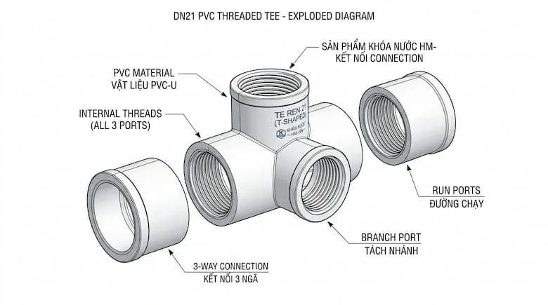 Hình chiếu tháo rời của khớp nối chữ T ren DN21, thể hiện ren trong, kết nối ba chiều, vật liệu PVC