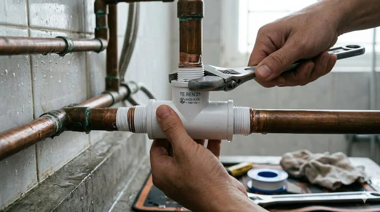 Lắp đặt khớp nối chữ T ren DN21 vào hệ thống đường ống nước sinh hoạt, nối ba ống bằng băng keo bịt kín ren