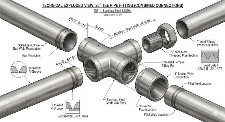 Hình ảnh kỹ thuật chi tiết của một phụ kiện ống chữ T 90 độ, thể hiện cấu trúc thân, các mối nối ren, các đầu hàn, vật liệu thép không gỉ,