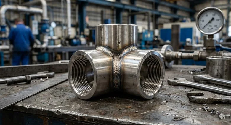 Phụ kiện ống chữ T 90 độ bằng thép không gỉ chất lượng cao, đặt trên nền công nghiệp, kết cấu kim loại chân thực, chi tiết ren và mối hàn