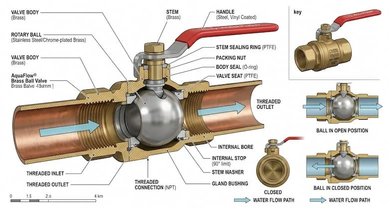 Hình ảnh kỹ thuật mặt cắt ngang của van khóa nước bằng đồng thau, thể hiện các bộ phận bên trong như bi, trục, đế van, vòng đệm, khớp nối ren