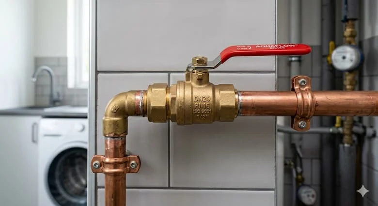 Van khóa nước bằng đồng thau thực tế được lắp đặt trên đường ống nước gia đình, hệ thống đường ống sạch sẽ, kết cấu đồng thau kim loại