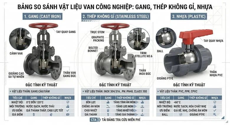 So sánh các vật liệu van công nghiệp bao gồm van gang, thép không gỉ và van nhựa