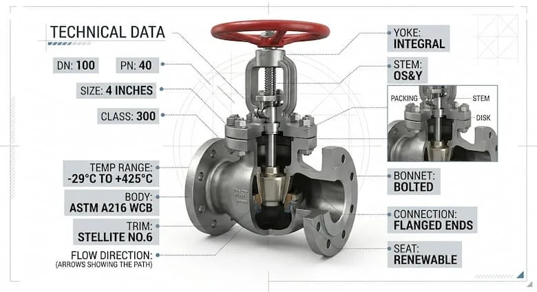 Van công nghiệp chi tiết cao với các thông số kỹ thuật được ghi rõ, bao gồm DN, PN, áp suất định mức, nhiệt độ và vật liệu