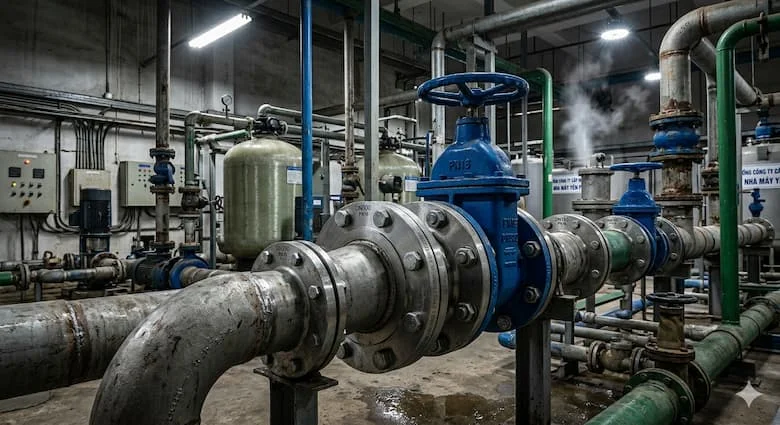 Mặt bích DIN PN16 được lắp đặt trong hệ thống đường ống công nghiệp với các mối nối ống bằng bu lông, môi trường nhà máy xử lý nước, đường ống và van thép có thể nhìn thấy