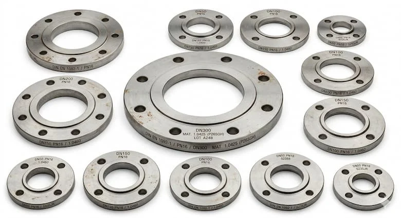 Các mặt bích DIN PN16 chất lượng cao được sắp xếp trên nền trắng sạch sẽ, mặt bích ống thép công nghiệp có lỗ bắt bu lôngCác mặt bích DIN PN16 chất lượng cao được sắp xếp trên nền trắng sạch sẽ, mặt bích ống thép công nghiệp có lỗ bắt bu lông
