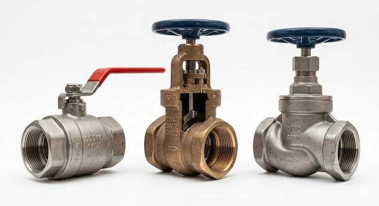 Các loại van 1 1/4 inch (DN32) khác nhau, bao gồm van bi, van cổng và van cầu, được sắp xếp cạnh nhau để so sánh