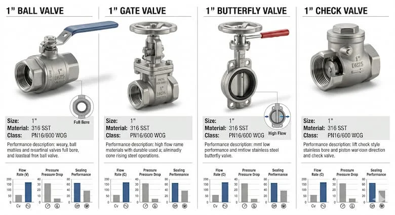 Các loại van 1 inch khác nhau được đặt cạnh nhau, van bi, van cổng, van bướm, van một chiều