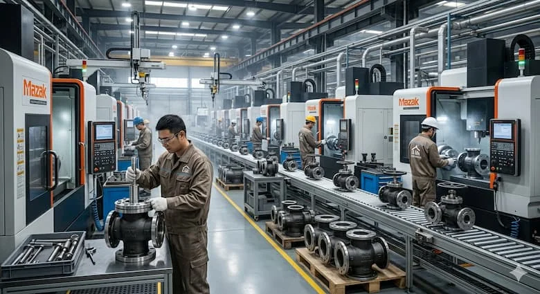 Dây chuyền sản xuất van công nghiệp hiện đại của Trung Quốc, công nhân sản xuất van thép không gỉ, máy CNC tiên tiến, môi trường kỹ thuật công nghiệp.