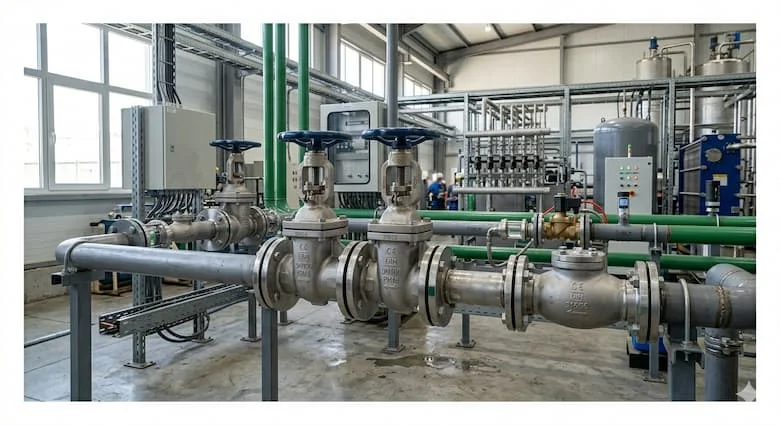 Van công nghiệp tiêu chuẩn DIN được lắp đặt trong hệ thống đường ống công nghiệp châu Âu, môi trường nhà máy thực tế, van mặt bích bằng thép không gỉ 