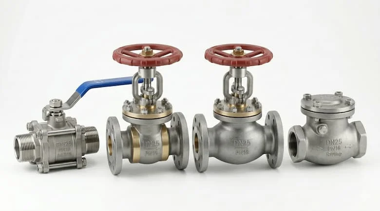 Các loại van DN25 khác nhau bao gồm van bi, van cổng, van cầu và van một chiều