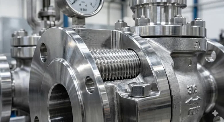 hình ảnh cận cảnh bề mặt van inox công nghiệp sau khi polishing, hiển thị chi tiết kim loại sáng bóng, ren van, thân van và kết cấu inox cao cấp