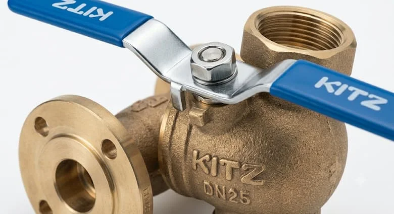 Ảnh chụp cận cảnh van KITZ, thể hiện logo KITZ, tay cầm, khớp nối mặt bích, đầu ren và chất liệu kim loại cao cấp