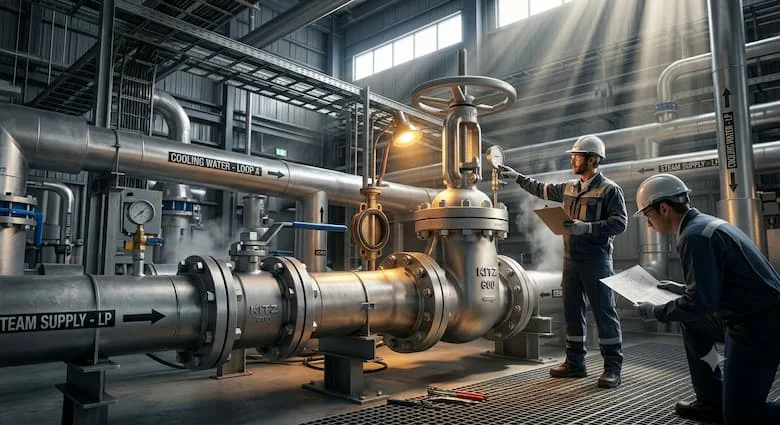 Van KITZ được lắp đặt trong hệ thống đường ống công nghiệp hiện đại, các đường ống thép lớn bên trong nhà máy