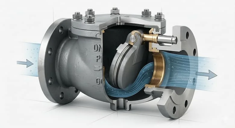 Hình ảnh minh họa kỹ thuật cắt ngang của van một chiều công nghiệp DN200, thể hiện cấu trúc bên trong bao gồm thân van, đĩa xoay, chốt bản lề, đế van, gioăng và đường dẫn nước