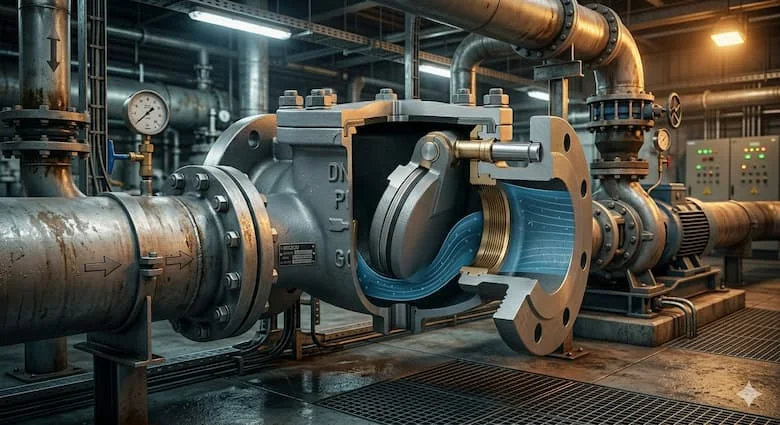 Van một chiều DN200 thực tế được lắp đặt trong hệ thống đường ống nước công nghiệp quy mô lớn, kết nối đường ống mặt bích, môi trường trạm bơm,