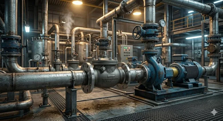 Van một chiều KVS được lắp đặt trong hệ thống đường ống nước công nghiệp, kết nối với các đường ống thép gần máy bơm nước, ngăn ngừa dòng chảy ngược trong cơ sở công nghiệp