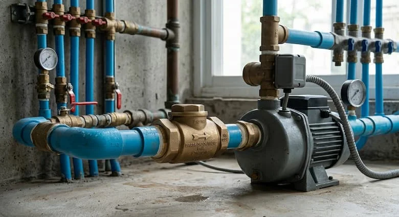 Van một chiều bằng đồng thau thực tế, góc nghiêng 34 độ, được lắp đặt trên hệ thống đường ống nước dân dụng, nối với các ống PVC màu xanh lam gần máy bơm nước, môi trường công nghiệp
