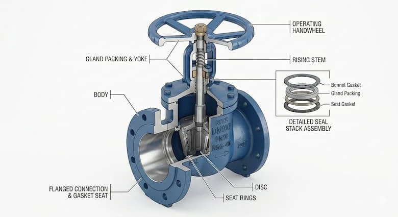 Hình ảnh cấu tạo van DN160 dạng cutaway kỹ thuật, hiển thị chi tiết thân van, đĩa van, trục van, gioăng làm kín, tay quay điều khiển và mặt bích kết nối