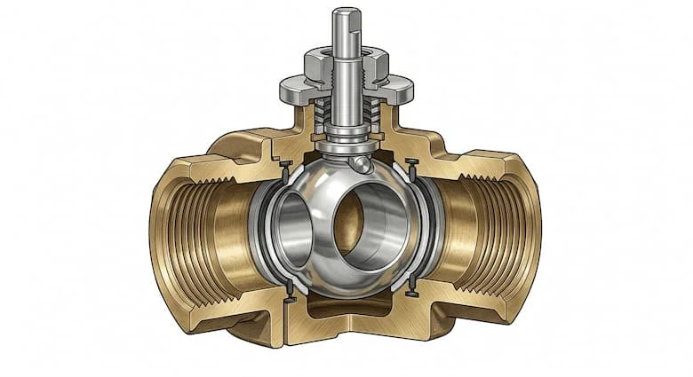 Hình minh họa kỹ thuật cắt ngang của van 3/4 inch, thể hiện thân van, trục van, gioăng làm kín và bi/đĩa van