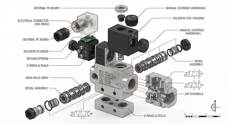 Bản dịch: Ảnh mô phỏng cấu tạo van điều khiển hướng 4 cửa 3 vị trí, hiển thị spool, coil điện từ và các kênh dẫn khí bên trong