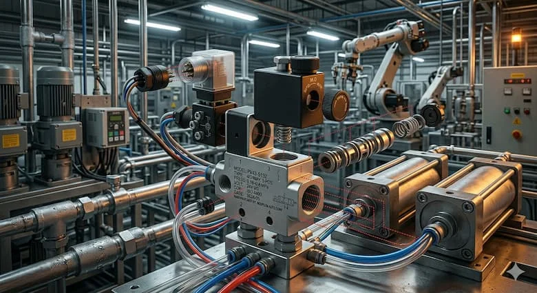 Van điều khiển hướng 4/3 được lắp trên hệ thống khí nén công nghiệp, kết nối với xy lanh và ống khí nén, môi trường tự động hóa nhà máy thực tế