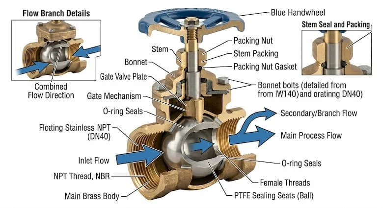 Hình minh họa kỹ thuật mặt cắt ngang của van công nghiệp DN40, thể hiện cơ cấu bên trong van, các bộ phận làm kín và hướng dòng chảy