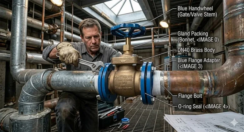 Một kỹ thuật viên đang lắp đặt van nước DN40 vào hệ thống đường ống công nghiệp, sử dụng các dụng cụ và khớp nối mặt bích, môi trường nhà máy hoặc phòng máy móc thực tế,