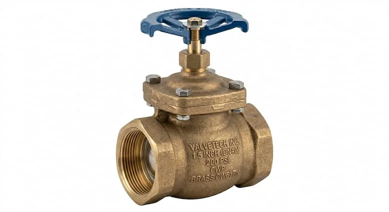 Van nước công nghiệp thực tế DN40 (40mm), bằng đồng thau hoặc gang, được chụp riêng trên nền trắng, hình ảnh sản phẩm trong catalog công nghiệp