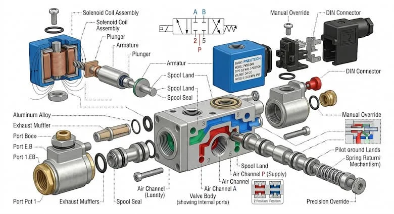 Ảnh mô phỏng cấu tạo van điện từ khí nén 5 cửa 2 vị trí với spool, đường dẫn khí và coil điện từ, minh họa kỹ thuật cơ khí
