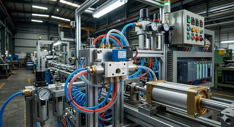 Van điều khiển hướng khí nén 5/2 được lắp trên hệ thống tự động hóa công nghiệp, kết nối với xy lanh và ống khí nén, môi trường nhà máy thực tế