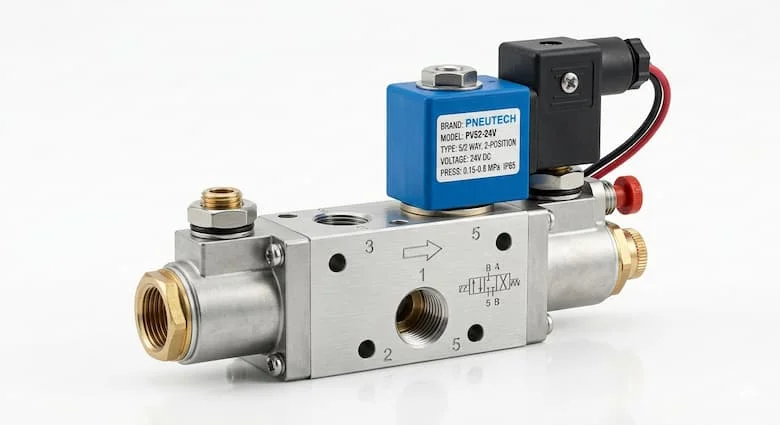 Van điện từ khí nén 5 cửa 2 vị trí chụp nền trắng, thiết bị tự động hóa công nghiệp, thân hợp kim nhôm với coil điện màu xanh