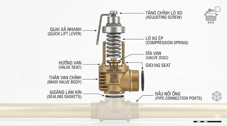 Hình ảnh tháo rời van an toàn hơi nước, thể hiện các bộ phận bên trong: lò xo, đế van, đĩa van, vít điều chỉnh, thân van