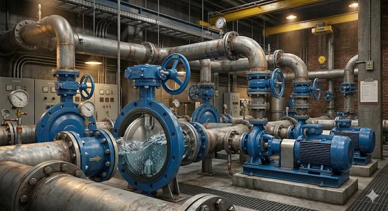 hệ thống HVAC hoặc đường ống dẫn nước công nghiệp thực tế bằng cách sử dụng van Arita Malaysia. Bao gồm các đường ống lớn, máy bơm, van bướm, đồng hồ đo áp suất, môi trường phòng máy công nghiệp