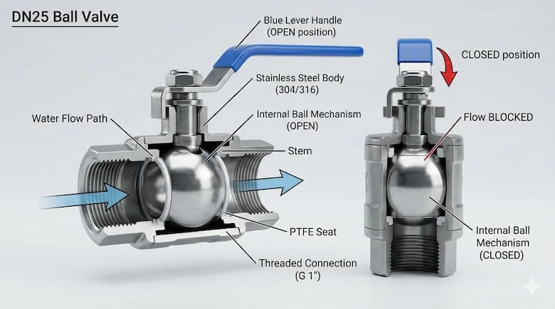 Sơ đồ cắt ngang của van bi DN25 thể hiện cơ cấu bi bên trong, trục van, gioăng PTFE, khớp nối ren và đường dẫn dòng nước