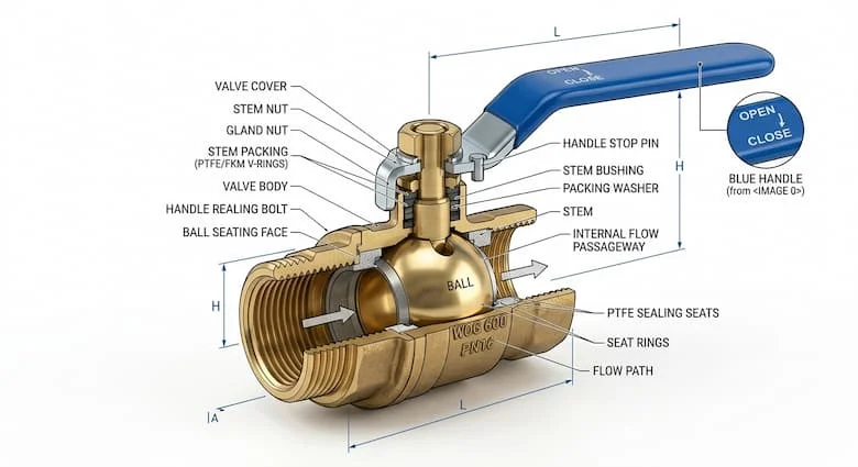 Hình minh họa kỹ thuật chi tiết mặt cắt của van bi 3/4 inch, thể hiện thân bằng đồng thau, bi, trục, vòng đệm PTFE, đường dẫn dòng chảy và cơ cấu tay cầm