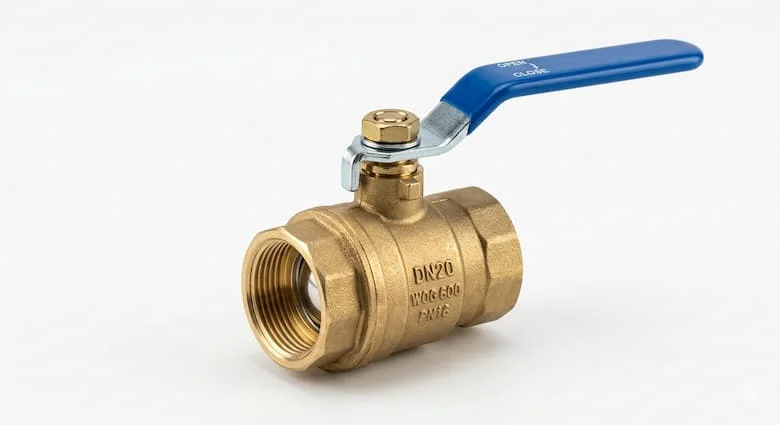 Hình ảnh sản phẩm van bi bằng đồng thau chất lượng cao, đường kính 3/4 inch, van bi DN20 với tay cầm cần gạt màu xanh lam, kết cấu kim loại chân thực
