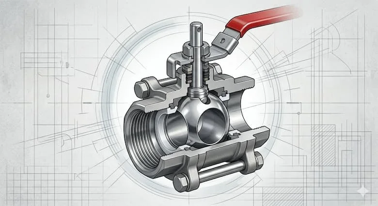 hình minh họa cắt ngang chi tiết của van bi DN32, thể hiện các bộ phận bên trong như bi, trục, gioăng PTFE, thân van và cơ cấu tay cầm