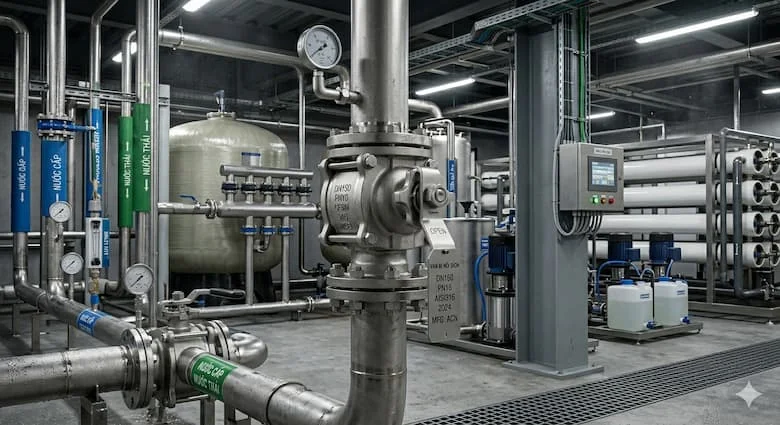 Van bi mặt bích công nghiệp có tay gạt được lắp đặt trên hệ thống đường ống nhà máy, ống thép không gỉ, môi trường công nghiệ