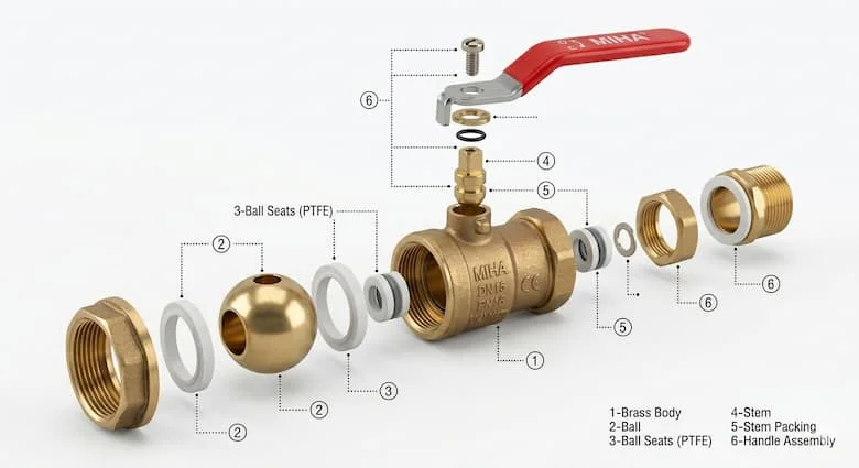 Ảnh mô phỏng cấu tạo van bi đồng Miha với viên bi, gioăng kín và cấu trúc bên trong, minh họa kỹ thuật cơ khí