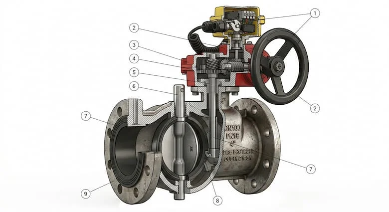 Hình ảnh minh họa kỹ thuật cắt ngang của van bướm DN100 có công tắc giám sát, thể hiện thân van, đĩa van, trục van, hộp số và các bộ phận của công tắc giám sát