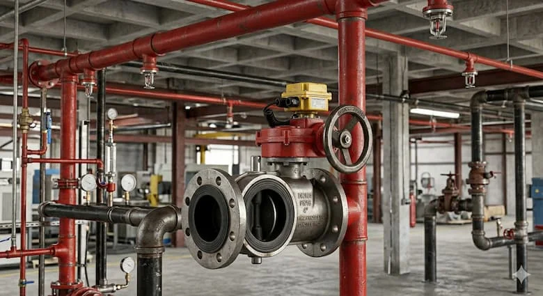 Van bướm DN100 có công tắc giám sát được lắp đặt trên hệ thống đường ống phòng cháy chữa cháy, đường ống phun nước thực tế trong tòa nhà công nghiệp, ống phòng cháy chữa cháy màu đỏ