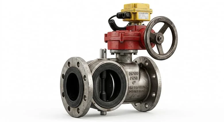 Van bướm DN100 siêu thực với công tắc giám sát, đặt riêng trên nền trắng, van bướm phòng cháy chữa cháy công nghiệp, hộp số màu đỏ với công tắc giám sát