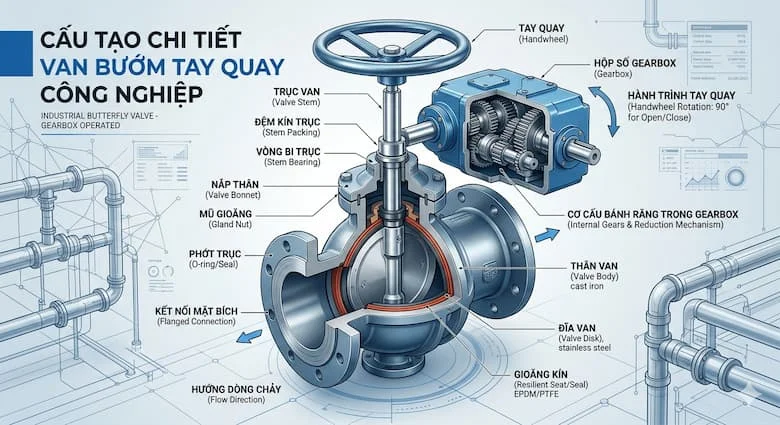 ảnh infographic mô phỏng cấu tạo van bướm tay quay công nghiệp, hiển thị đầy đủ các bộ phận gồm thân van, đĩa van, trục van, gioăng kín và gearbox tay quay