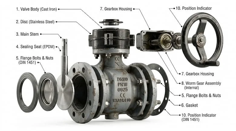 Sơ đồ hình chiếu tháo rời cấu trúc van bướm điều khiển bằng bánh răng DN80, thể hiện thân van, đĩa van, trục van, hộp số, tay quay và vòng đệm kín