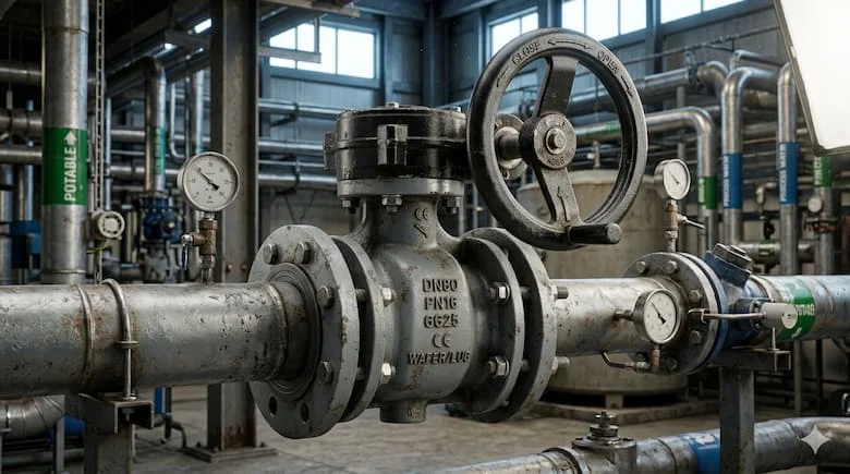 Van bướm điều khiển bằng bánh răng DN80 được lắp đặt trong hệ thống đường ống nước công nghiệp, phòng máy móc nhà máy thực tế