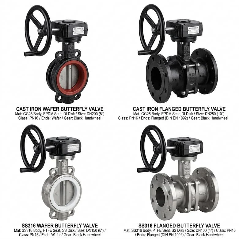 ảnh sản phẩm van bướm tay quay công nghiệp bằng gang và inox, thiết kế kiểu wafer và mặt bích, có gearbox tay quay màu đen hoặc xanh, chụp studio nền trắng, realistic industrial product photography, hiển thị rõ thân van, đĩa van và hộp số tay quay