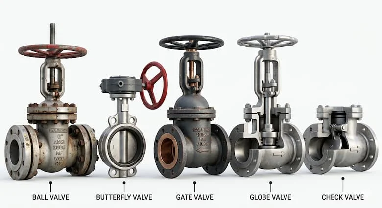 Các loại van công nghiệp khác nhau được trưng bày cạnh nhau, bao gồm van bi, van bướm, van cổng, van cầu và van một chiều, catalog công nghiệp