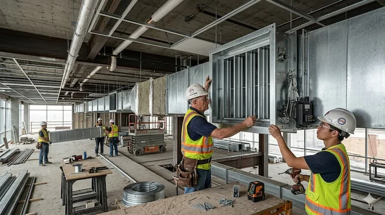 Van chống cháy EI được lắp đặt trong hệ thống HVAC của tòa nhà thương mại, bên trong đường ống dẫn khí trên trần nhà, môi trường công trường xây dựng