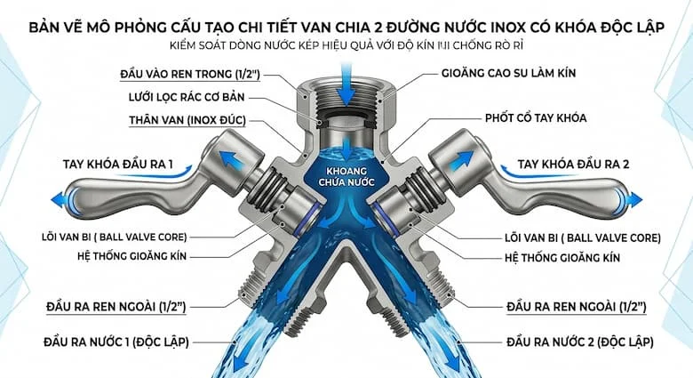 ảnh infographic mô phỏng cấu tạo van chia 2 đường nước có khoá, hiển thị các bộ phận gồm thân van, đầu ren, gioăng cao su, tay khóa và hai đầu ra nước